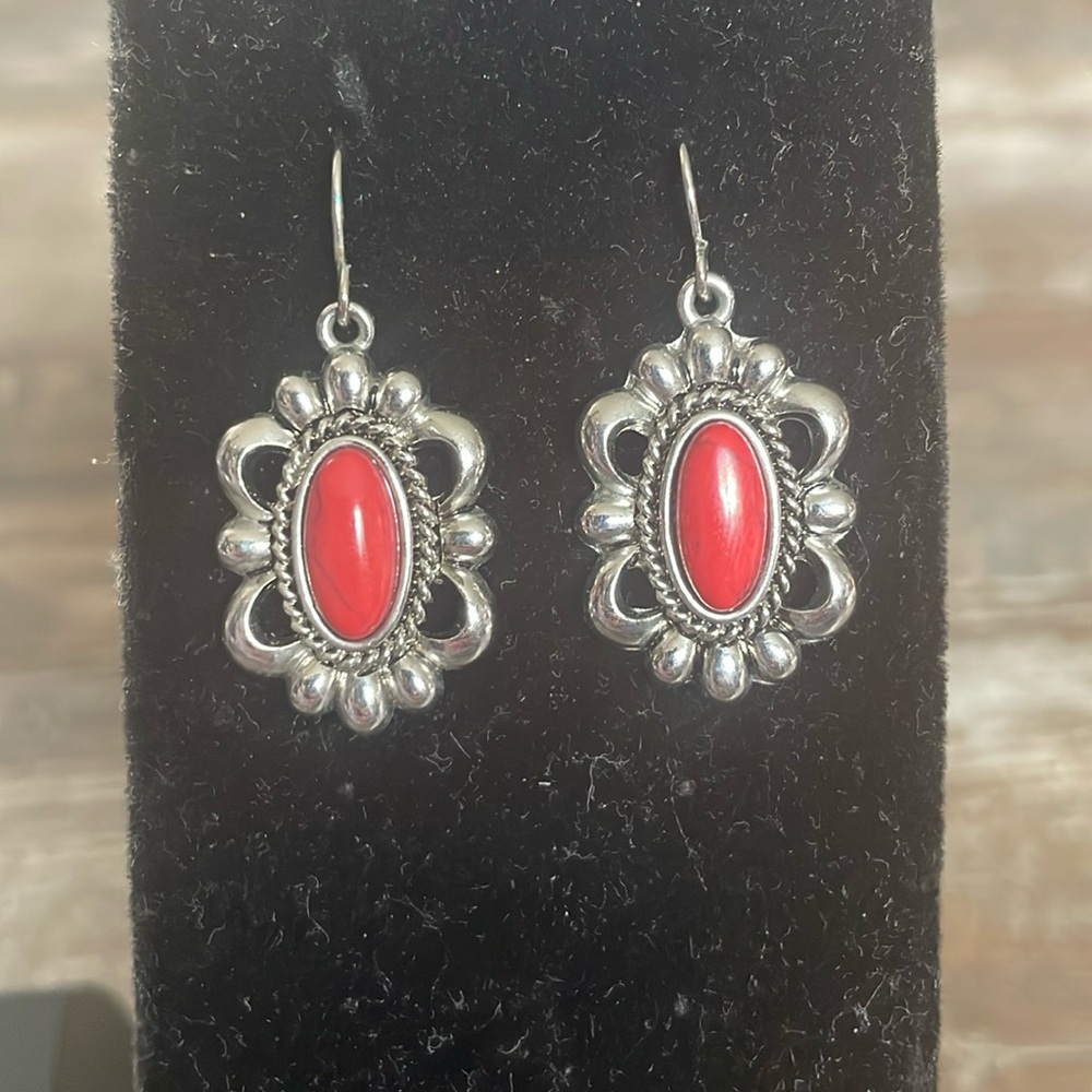 Chaps Silver-Tone Filagree Earrings with Clay-Red Stones